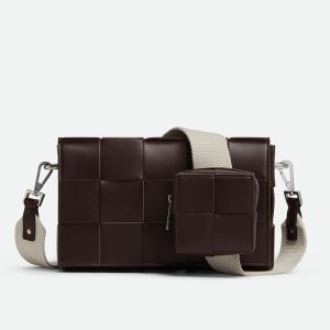 Bottega Veneta Cassette Crossbody Bag with Coin Pouch In Intreccio Leather Coffee