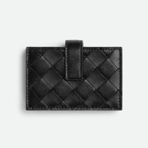 Bottega Veneta Intreccio Accordion Card Holder with Snap Strap Lambskin Black