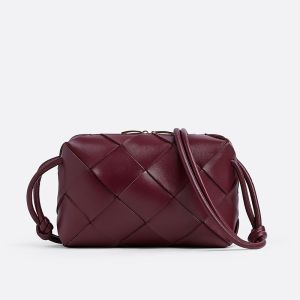 Bottega Veneta Small Cassette Camera Bag In Intreccio Leather Burgundy
