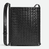 Bottega Veneta Large Flat Loop Crossbody Bag with Tubular Knot Intreccio Calfskin Black